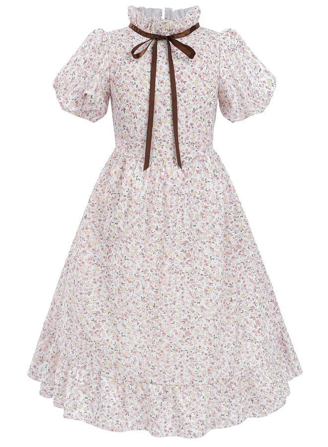 FCCAM FCCAM FCCAM Pioneer Dresses for Girls Floral Ruffle Prairie Colonial Costume with High Waist Apron Pink S Age Over 4 Years Old - Image 2